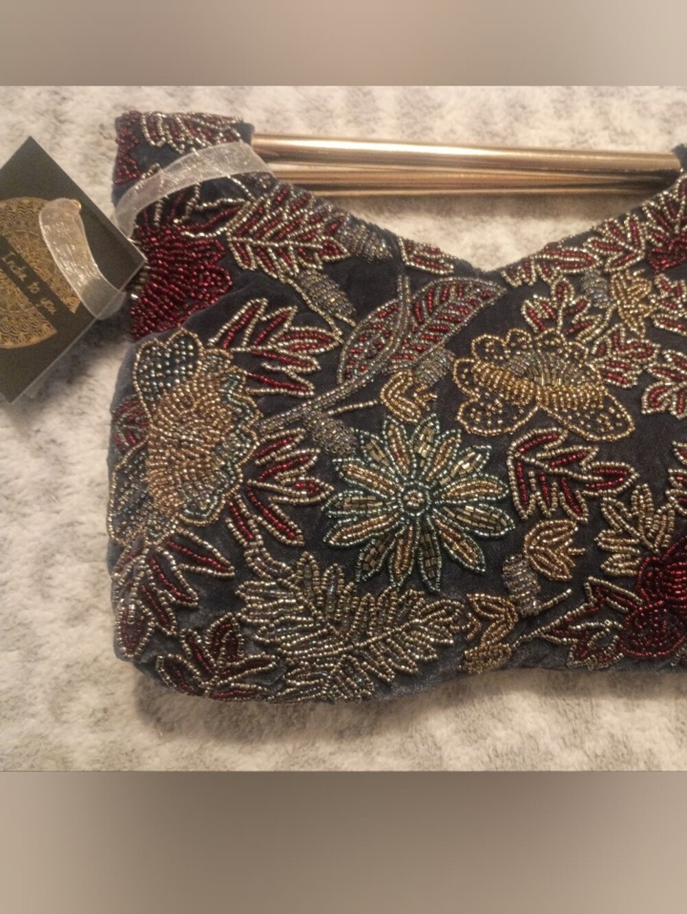 Embroidered Beaded Evening Clutch - Black with Gold & Burgundy Floral Accents